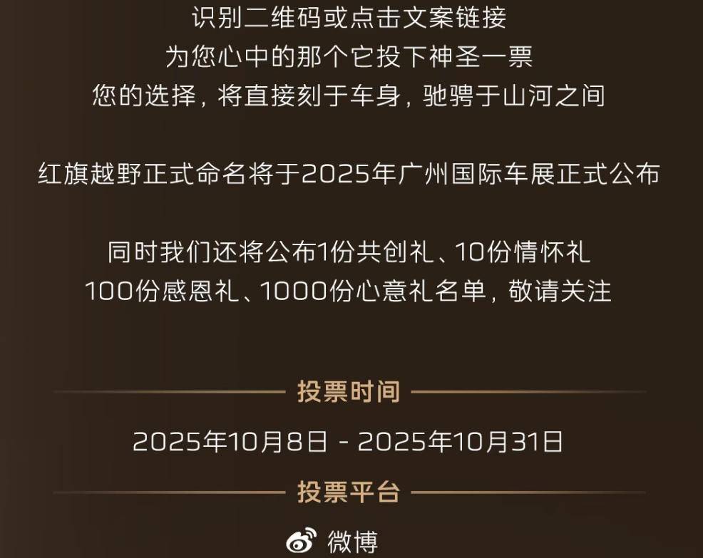 經22.3萬位網友投票,紅旗越野最終將命名“1927”,你喜歡嗎?